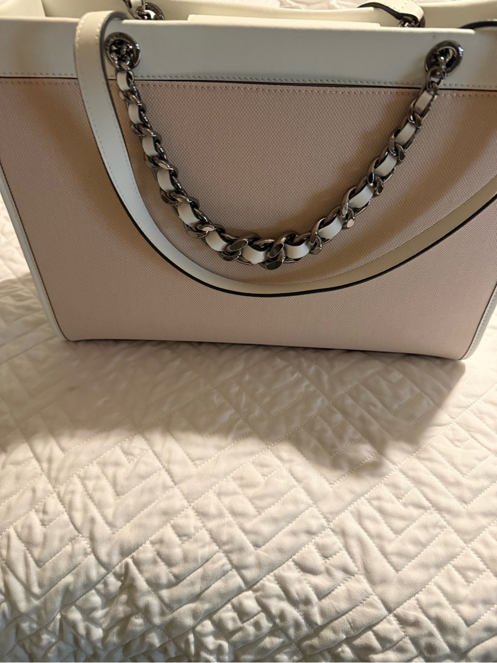 Karl Lagerfeld Light Beige and White Chain-Handle Tote with dust bag - Picture 3 of 13